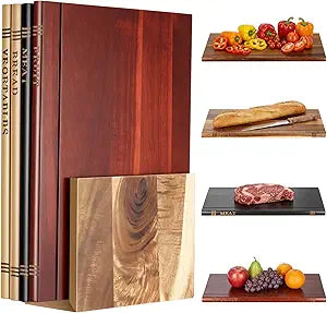 4 Pcs Acacia Wood Book Cutting Boards Set with Wooden Bookend Holder Book Shaped Solid Wood Cutting Board for Kitchen Fruits Vegetables Meat Fish Cheese Bread(Standard)