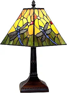 Amora Vintage Tiffany Table Lamp - Floral Blue Dragonfly Table Night Light - Yellow and Green Glass Nightstand Lamp - 15 Tall Stained Glass Lamp