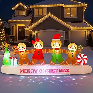 10 FT Long Gingerbread Family Christmas Inflatable Outdoor Decoration, Gingerbread Man Inflatable Holding Hands with Built-in Dynamic Light, Xmas Holiday Decor for Yard, Lawn, Patio, Garden
