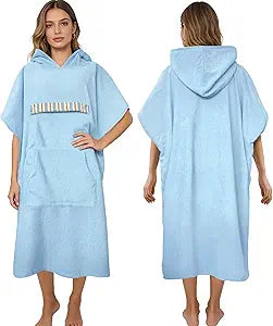 VOOVA & MOVAS Poncho Towel with Pocket for Adults | Teens(41"X37"),100% Cotton Terry Cloth | Ultra Absorbent Oversized Hooded Towel for Men, Cover-Up for Pool,Swim, Beach, Bath | Sky Blue