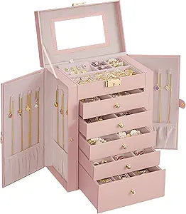 SONGMICS 6-Layer Jewelry Box Organizer with 5 Drawers, Jewelry Storage Case with Lock and Mirror, Large Storage Capacity, Gift for Loved Ones, for Necklaces, Watches, Jelly Pink UJBC152SA02S