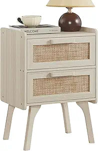 Lerliuo Rattan Night Stand, Boho 2 Drawers Nightstands, Grey White Bed Side End Tables with Solid Wood Legs, Bedside Table for Bedroom, Dorm and Small Spaces