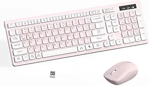 Wireless Keyboard and Mouse Combo, Reccazr 2.4G Full-Sized Keyboard and Mouse Cordless, 3 DPI Adjustable Mouse, Dual-System Keyboard for Computer/Laptop/Windows/Mac (Pink & White)