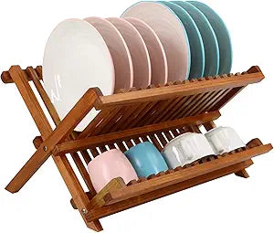 Utoplike Teak Dish Drainer Rack Collapsible 2 Tier Dish Rack Dish Drying Rack Foldable Plate Organizer Holder for Kitchen Compact Countertop
