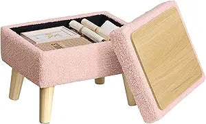 SONGMICS Storage Ottoman, Foot Stool, Ottoman with Padded Seat, Foot Rest with Wood Legs, Small Table, for Hallway, Living Room, 11.8 x 15.7 x 11.4 Inches, Teddy Fleece, Jelly Pink ULOM518SA01