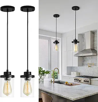 mirrea Adjustable Pendant Light with E26 Base, Industrial Clear Glass Shade Farmhouse Hanging Fixture for Kitchen Island, Bedroom, Living Room, Matte Black, 2 Pack