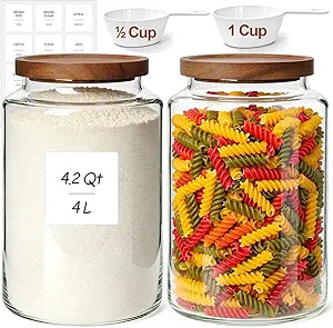 ComSaf 2Pcs (4.2Qt) Wide-Mouth Flour Sugar Storage Containers - Include Scoops & Labels, Easy to Scoop & Airtight, Large Glass Jar for Bakers to Store Bulk Flour, Rice, and Dry Goods in Kitchen Pantry