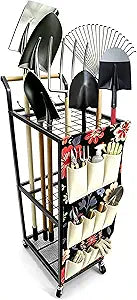 Garden Tool Organizer with Wheels Heavy Duty Yard Tool Organizer Rack with Side Storage Pockets Sturdy Metal Steel Holder with 6 Hooks for Garage, Yard, Patio, Shed