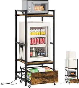 YATINEY Mini Fridge Stand with Movable Drawer, Microwave Stand with Power Outlet, Mini Fridge Shelf with Adjustable Shelves, Kitchen Bakers Rack for Dorm, Dining Room, Home, Rustic Brown HB05UBR