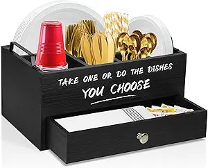 Paper Plate Dispenser with Drawer for Kitchen Countertop, Wooden Paper Plate Holder with Large Cup Holder, Rustic Wood Silverware Caddy Holder, Paper Plate Organizer Kitchen Accessories(Black-Drawer)