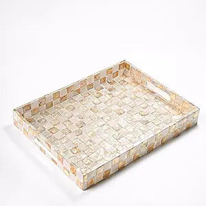 CHI AN HOME 15.8 x 11.8 Rectangle Serving Tray with Handles, Capiz Shells Checkered Rectangular Tray for Ottoman Table, Mother of Pearl Decorative Serving Tray for Living Room, Kitchen (Ivory)