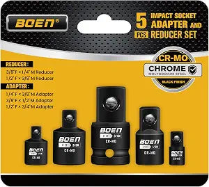 BOEN 5 Piece Impact Socket Adapter Set and Reducer Set, Standard SAE, 1/4", 3/8", 1/2" Impact Driver Conversions, CR-MO Steel Impact Driver & Wrench Conversion Kit