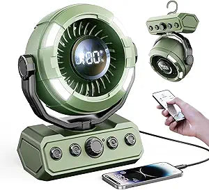KIMMOO 20000mAh Camping Fan with Light, 80Hrs Max Cooling, 100 Speeds, Portable Fan Rechargeable with Hook, Remote, Timer, 180┬░ Oscillation, Battery Powered for Outdoor Tent Beach Travel BBQ (Green)
