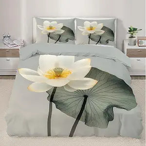 Lotus Floral Duvet Cover Queen Size, White Lotus Bedding Set 3 Piece Bedroom Decor Leaf Comforter Cover and 2 Pillow Sham with Zipper Closure