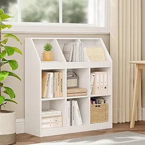 NELYE 9-Cube Wooden Storage Bookcase - 11-Inch Open Shelf Cabinet, Simple Modern Bookshelf Organizer for Home Office, Living Room, White