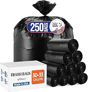 Delxo 30-33 Gallon Trash Bags, 250 Count Medium Duty Garbage Bags, Thick, Durable & Puncture-Resistant Plastic Bolsas para basura, Perforated Design Made in USA for Kitchen, Yard, Office (Black)