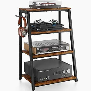 4-Tier AV Media Stand with 2 Hooks,Heavy Duty Stereo Cabinet Furniture-Large Stereo Rack and Game Console Stand,Wooden Record Player Stand,Audio Stand Perfect for DVD Players/Game Console/TV Box/Xbox