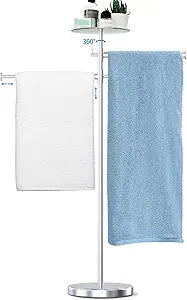 Zevemomo Freestanding Towel Rack for Bathroom, Floor Standing Towel Holder with Two 360 Swivel Arms and Top Storage Tray, 304 Stainless Steel Towel Racks