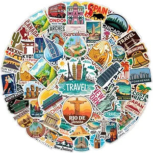 100PCS Travel Country Stickers World Landmark Vinyl Decals for Laptop, Water Bottle, Luggage, Scrapbook, Suitcase, Travel Journal Accessories