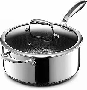 HexClad Hybrid Nonstick 5-Quart Saucepan with Tempered Glass Lid, Stay-Cool Handle, Dishwasher-Friendly, Oven-Safe Up to 900F, Induction Ready, Compatible with All Cooktops
