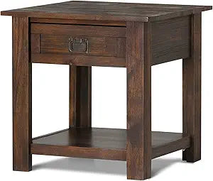 SIMPLIHOME Monroe End Table - 22 inch Wide Solid Acacia Wood Side Table in Distressed Charcoal Brown, Rustic Accent Table for Living Room or Bedroom with Drawer and Shelf