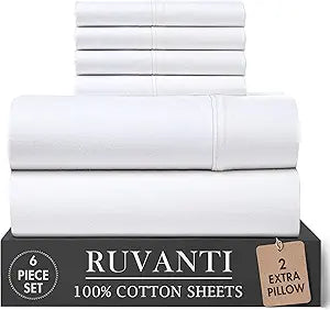 RUVANTI 100% Cotton Queen Sheets, Percale Queen Sheet Set, Bright White