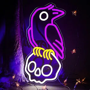 Crow Skull Neon Sign for Wall Decor Dimmable Skull Light Horror Neon Signs Skull Neon Light for Man Cave Beer Bar Game Room Party Crow Decor Gifts
