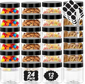 12oz Plastic Jars with Lids, 24 Pack Clear PET Jars Containers with Black Lids, Leakproof Round Plastic Storage Jar with Pen & Labels for Dry Food Storage, Candy, Crafts,Peanut