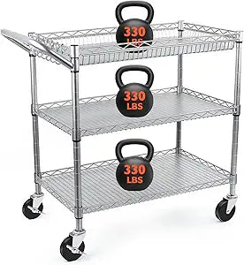 BolDuck Heavy Duty Utility Cart, 990Lbs Capacity 3 Tier Rolling Carts with Wheels, Kitchen Cart on Wheels with Storage, Commercial Grade Metal Serving Carts with Wire Shelving &Handle Bar, Silver