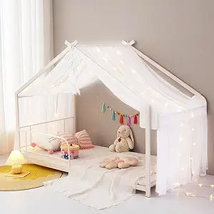 Mengersi Bed Canopy House Canopy Bed Curtains with Lights for Girls Boys,Voile Sheer Window Scarf,Fit for House Metal Floor Twin Full Bed Decorations (White)