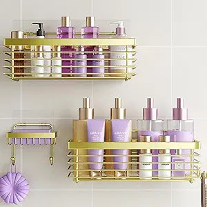 ODesign Shower Caddy 3 Pack SUS304 Stainless Steel-No Drilling-Shower Bathroom Shelves Rack,Rustproof Wall Mounted,Adhesive Shower Shelf Basket Organizer-Golden