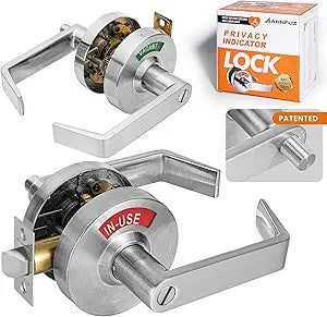 Push Button Locking Vacant Occupied Bathroom Door Handle with Indicator Sign,Commercial ADA Single Egress Privacy Lever Lock,Reversible Left Right Handle for Public Restroom,Brushed Chrome