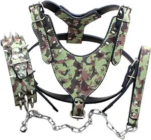 Serijoars Leather Spiked Dog Harness and Collar Set - Suitable for Large Breeds Pit Bull Terriers, Labradors, Dobermans - Durable Leather Harness and Collar Leash 3Pcs Set (Spikes Camo, L)