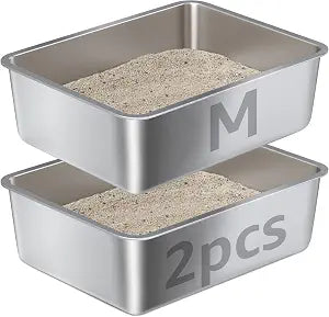 2Pcs Medium Stainless Steel Cat Litterbox,Stainless Steel Litter Box for Kitten and Rabbits, Easy Clean Non Stick No Smell