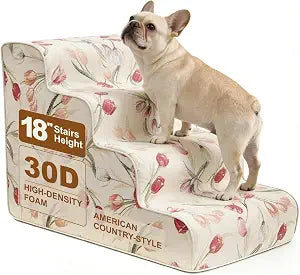 4-Step Dog Stairs for Bed & Couch 18" H, Extra Long Dog Steps for Bed with 30D Foam, Country Style Pet Stairs for Small Dogs and Older Cats, Beige