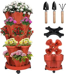 Vertical Strawberry Planter 5 Tier Stackable Tower Herb Planters Stacking Outdoor Garden Planters Pot With Tools Mover For Growing Flowers, Vegetables and Succulents