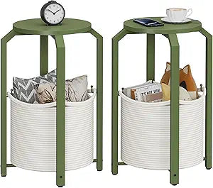 TUTOTAK Set of 2 Round End Table with Woven Storage Basket, Olive Green Small Side Table for Living Room, Bedroom, TB01BOG0922