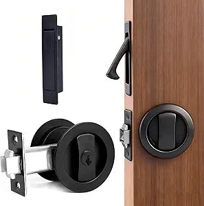 Dontay Pocket Door Lock,2 3/8" Backset,Stainless Steel Recessed 2 Sided,Flush Mount Large Lever,Hardware for 1 3/8" to 2 3/16" Sliding Door&Bathroom Doors (Matte Black,Keyed Lock,Round)