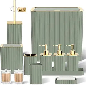 Bathroom Accessory Set - Sage Green Bathroom Set, 12PC Bathroom Accessories Set, Mini Trash Can, Toilet Brush, Trash Can & Soap Dispenser