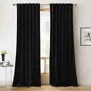 RYB HOME Black Velvet Curtains 84 inches - Blackout Heavy Duty Curtains Soft Luxury Back Tap Window Covering Privacy Protection for Kids Room Bathroom Basement, Black, W52 x L84 inches, 2 Panels