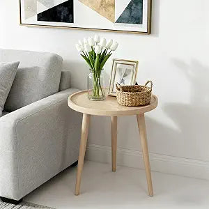 Round Side Table with Solid Wood,End Table,Coffee Table,Small Round Side Table with Solid Wood Leg for Couch,Living Room,Bedroom Office and Small Spaces,Easy Assembly,Beige