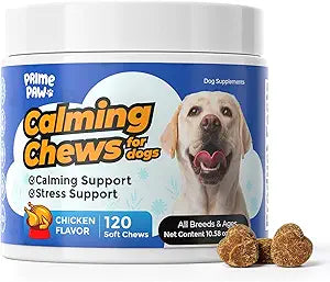 Calming Chews for Dogs L-Theanine L-Tryptophan Phosphatidylserine Valerian Chamomile Passion Flower Non-Sedating Relaxation Support All Breeds Puppy Adult Senior Chicken Flavor 120 Soft Chews