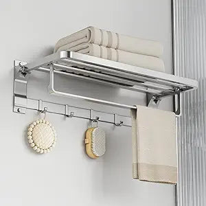 Foldable Wall Mounted Towel Rack, 23 Inch Rustproof Aluminum Towel Shelf with Bar & 5 Hooks, Space Saving Bathroom Organizer, Silver