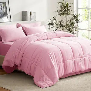 COZYART Full Comforter Set 7 Pcs, Pink Bed in a Bag, All Season Lightweight Soft Reversible Bedding Set, 1 Comforter, 1 Flat Sheet, 1 Fitted Sheet, 2 Pillow Shams, 2 Pillowcases