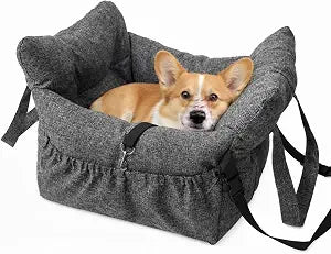 Dog Car Seat Bed for Small & Medium Dogs, with Built-in Safety Belt, Anti-Anxiety Calming Sofa Bed, Portable & All-Season Soft Pet Car Bed with Bonus Squeaky Duck Toy (Grey)