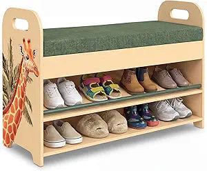 Kids & Toddler Shoe Rack with Bench Seat: Solid Pine Wood 2-Tier Shoe Organizer with Hidden Storage - Safari Giraffe Design Kids Furniture - Cushioned Seat, Rounded Safety Corners, Easy Assembly