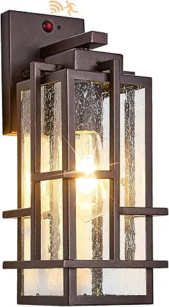 Motion Sensor Outdoor Wall Light Fixture, Dusk to Dawn Porch Light Oil Rubbed Bronze Exterior Lighting with Seeded Tempered Glass, Waterproof Outside Wall Mount Coach Lamp for House, Patio, Garage