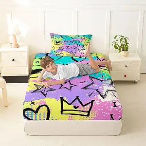 Smile Face Smile Bed Sheet Set Purple Lilac Star Crown Bedding Set Softest Microfiber Bedclothes Sweet Softest Fitted Sheet Set for Children Kids Teenager Twin 2pcs (1 Fitted Sheet & 1 Pillow Case)