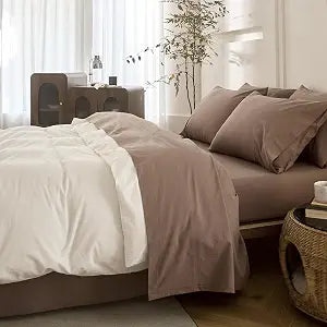BDEAR 4PS Light Chocolate Brown King Size Bedding Set, Oeko-TEX Standard 100% Washed Cotton Linen Like Bedding Sheet Sets Cover Deep Pocket Fitted Sheet Plus Cozy Flat Sheet and 2 Pillowcases