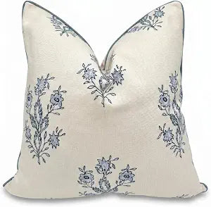 Jillien Harbor The Mary Periwinkle Floral Block Print Pillow Cover Blue and White Decorative Throw Pillow Cover Grandmillennial Home Decor, 24" x 24"